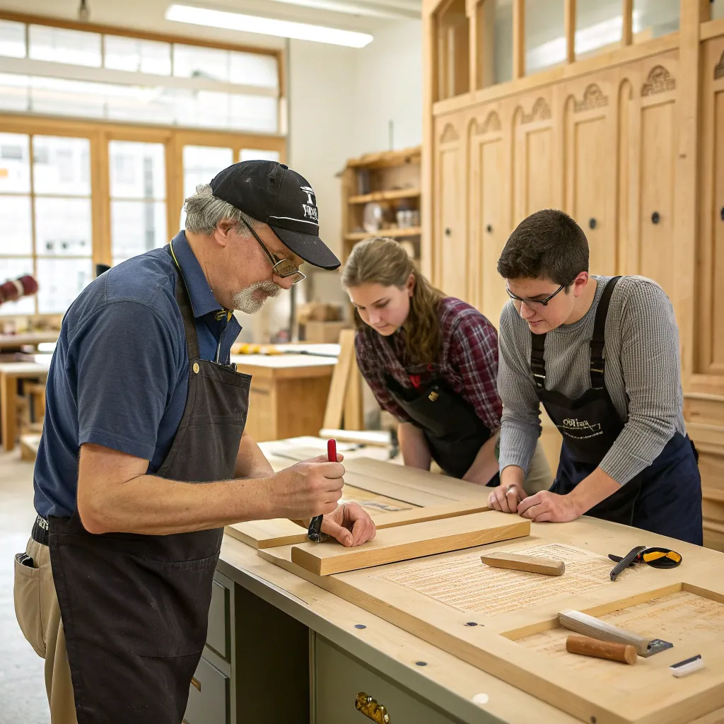 Instructor teaching cabinetry techniques