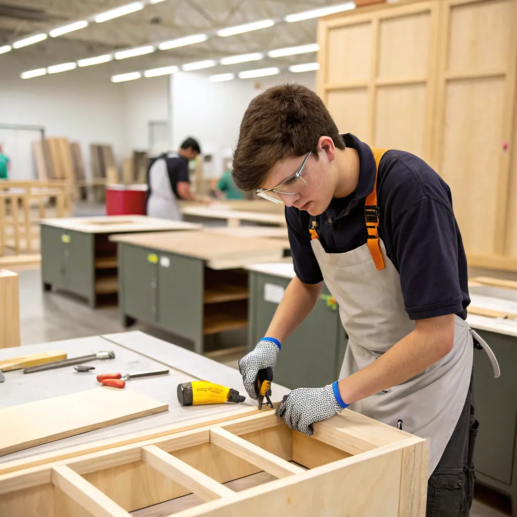 Student practicing cabinetry assembly